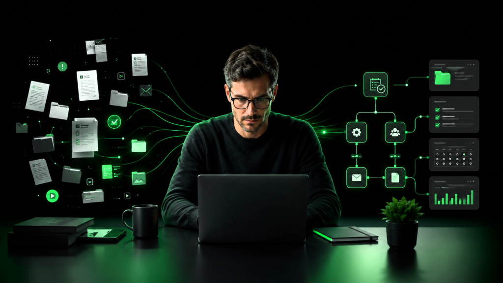 Focused professional working in a dark modern workspace with green workflow elements representing practical digital work problems being simplified.