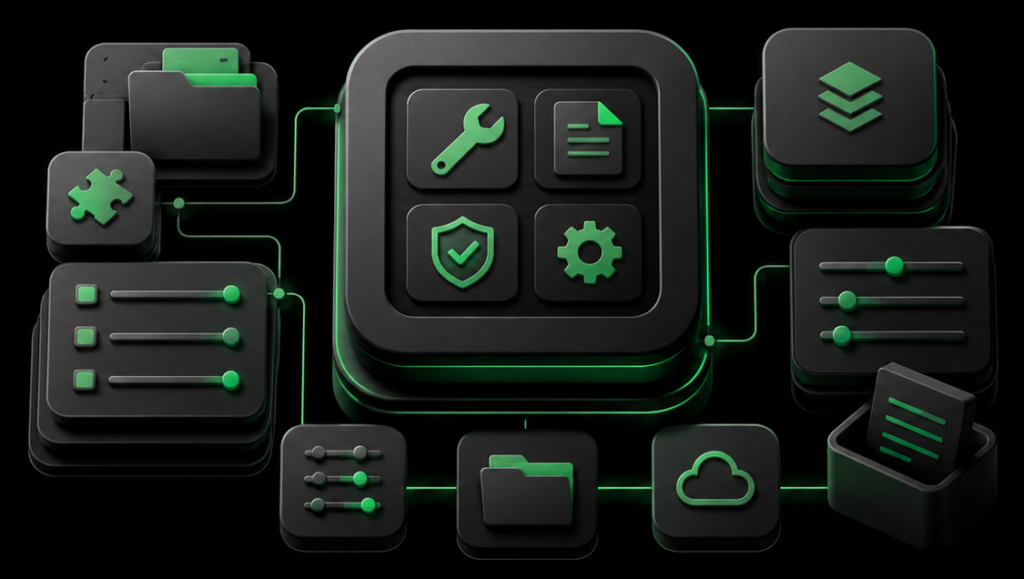 Dark workspace with abstract software utility cards representing a smarter everyday tool stack for practical digital work.